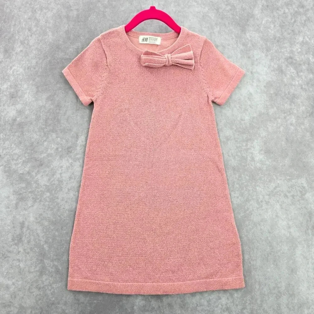 H&M Pink Glitter‎ Bow Princess Cocktail Sweater Metallic Sparkle Dress 4-6Y